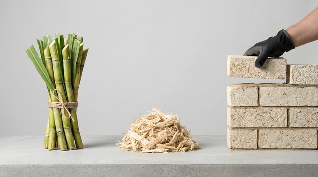 Sustainable Sugarcane Bagasse Eco Bricks Production Concept.
