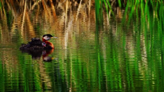 A Red-necked Grebe mother gently swims across a calm lake carrying two young chicks on her back. Surrounded by green aquatic vegetation, this peaceful morning scene showcases remarkable parental care 