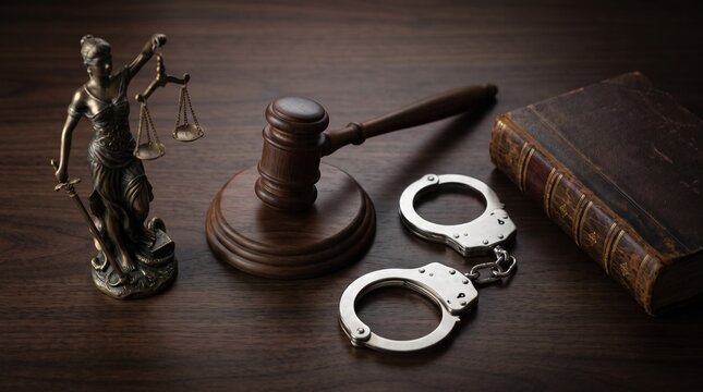 Criminal Law Justice Concept With Gavel Handcuffs Lady Justice Statue And Law Book