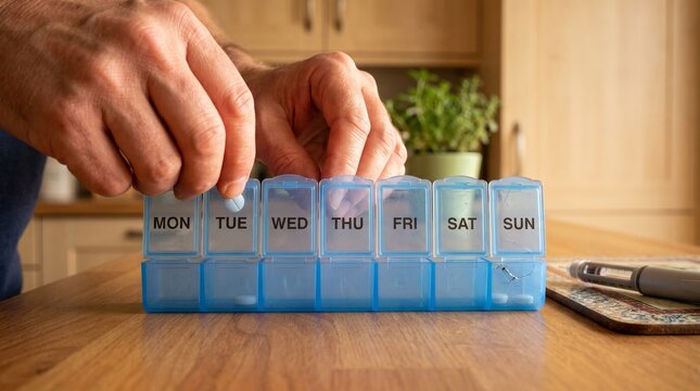 Caregiver hands organizing daily pills and medications into a blue weekly organizer tray, hypoglycemia