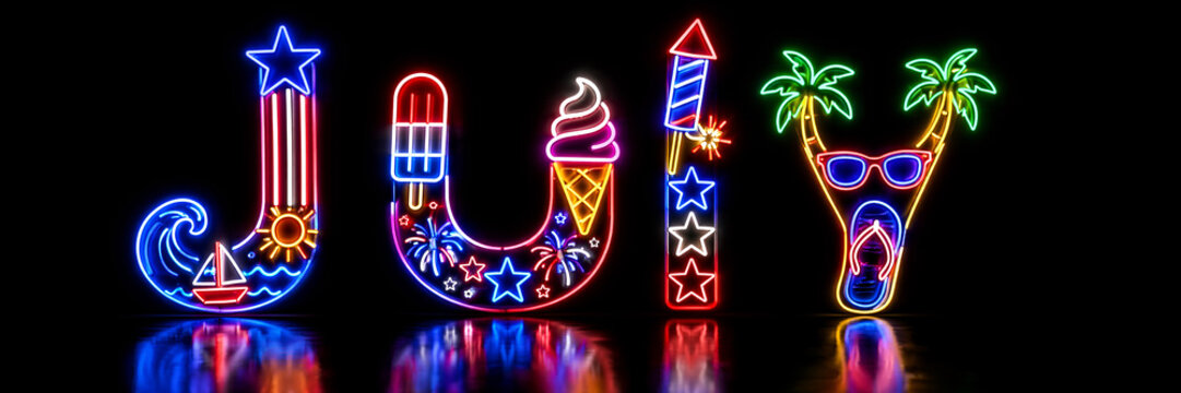 Neon lettering of July with summer vacation icons and fireworks