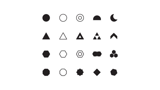 Set of twenty geometric shapes including circles triangles hexagons and star icons.