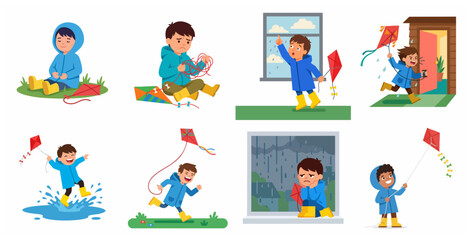 Fototapeta premium Kids rainy day activities vector character set, little boy flying kite, splashing in puddle, and feeling sad during storm.