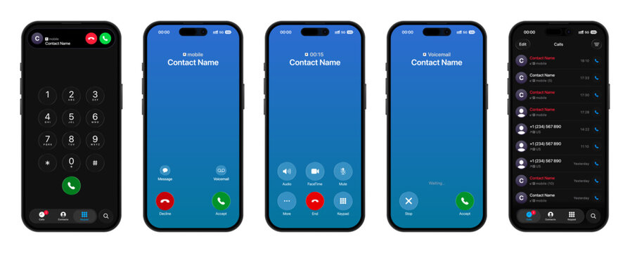 Smartphone call UI vector set with liquid glass effect showing incoming and active call screens, featuring mute, speaker, and video call buttons in modern mobile interface design. Isolated on transpar