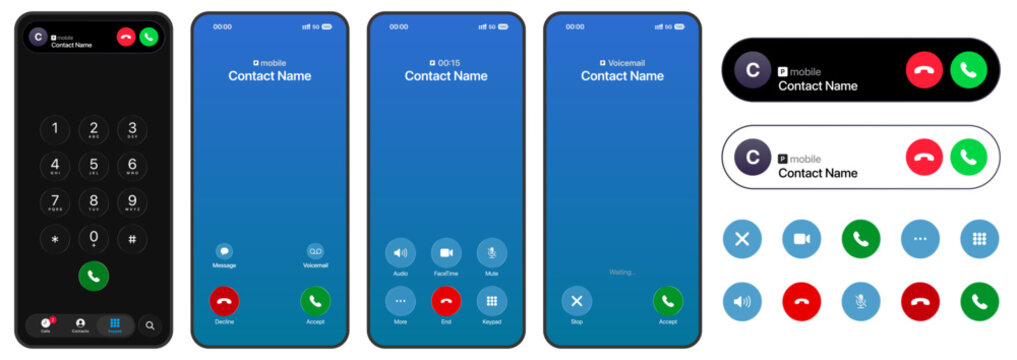 Smartphone call UI vector set with liquid glass effect showing incoming and active call screens, featuring mute, speaker, and video call buttons in modern mobile interface design. Isolated on transpar