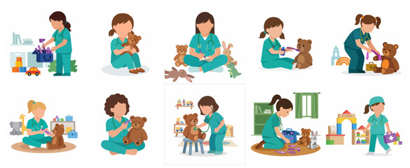 Fototapeta premium Collection of little girls in medical scrubs playing doctor and nurse with teddy bear patients, flat vector illustration