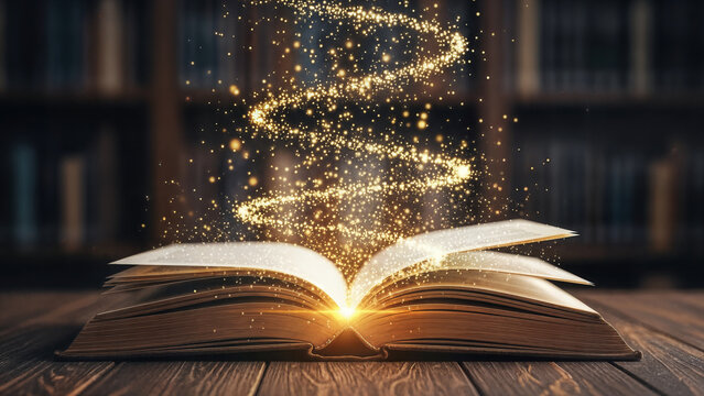 Open magical book on wooden table with glowing sparkles and light trail emanating from pages creating fantasy and enchantment effect.