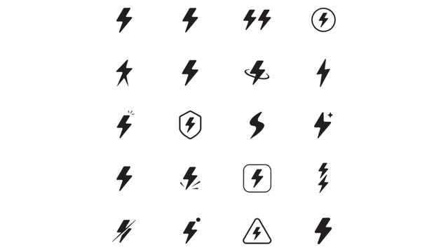 Set of electrical lightning bolt icons for energy power and charge concept flat vector design.