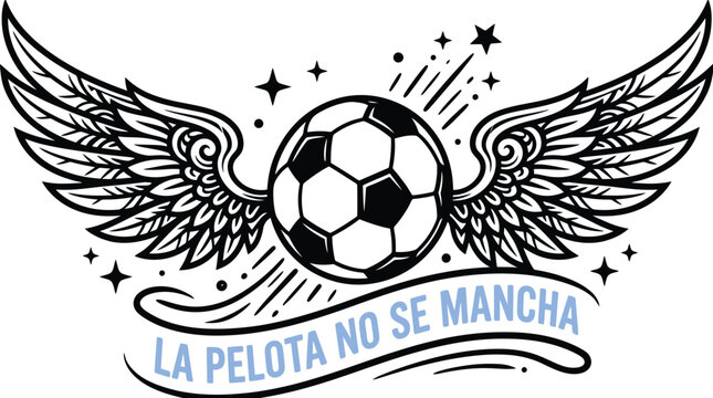 La pelota no se mancha Spanish football flying wings vector poster, flat black and white soccer ball with pastel blue ribbon typography line art