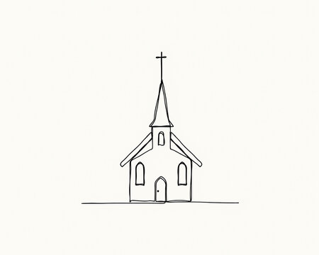Simple hand-drawn continuous line church with steeple and cross