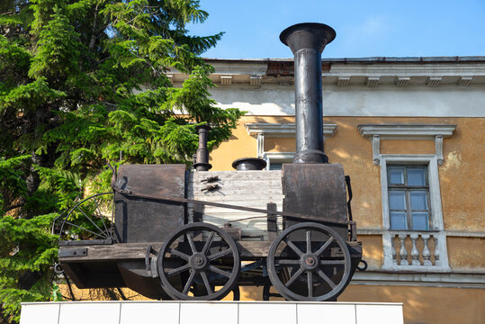 NIZHNY TAGIL, RUSSIA - AUGUST 21, 2025: Layout of the first locomotive of Cherepanov. Nizhny Tagil, Russia