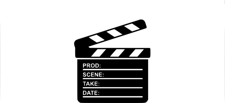 Minimalist black and white film clapperboard symbol icon in flat vector design style isolated on white background
