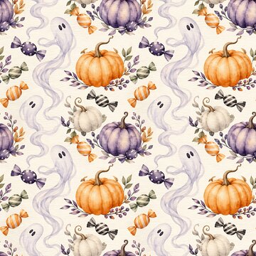 Watercolor Halloween seamless pattern with cute ghosts, pumpkins and candies on cream background, spooky autumn wallpaper digital paper