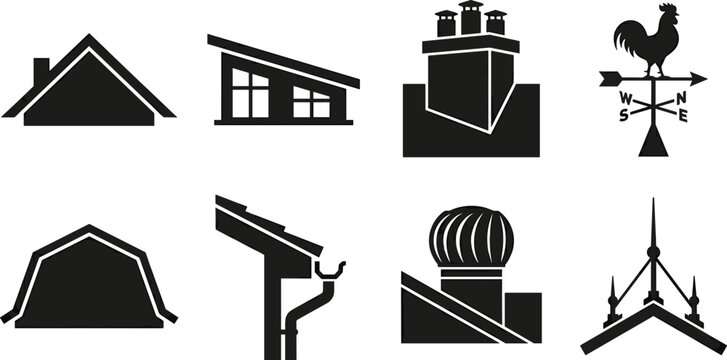 Roofing Construction Silhouette Icons Set with Roof Types Chimney Gutter Vent and Weather Vane