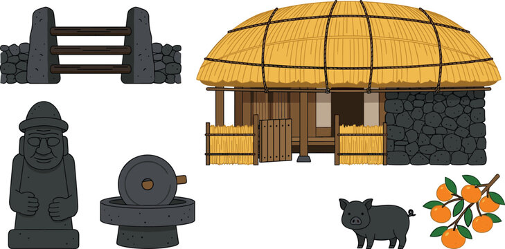 Jeju Island Traditional Culture Vector Set with Dol Hareubang Stone Statue, Thatched Roof House, Volcanic Rock Fence, Black Pig, and Tangerine Branch Elements