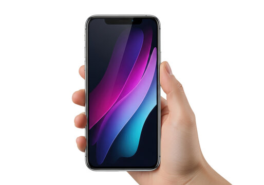cutting-edge, silver smartphone with abstract violet gradient screen, held vertically by a light-skinned hand, isolated on a high-key white studio cyclorama. concept for mobile technology advertising