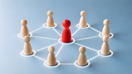 Obraz premium Leadership and team management network concept with a central red wooden figure connected to a team by glowing white lines