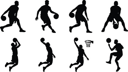Basketball Player Silhouette Collection with Dribbling Shooting and Dunk Action Poses Vector Set © Md Baccu