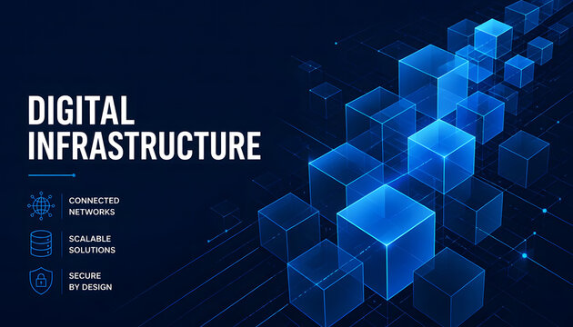 Glowing blue isometric cubes forming a digital infrastructure network. Business infographic banner template with tech icons for scalable data solutions. Futuristic cyber security background.