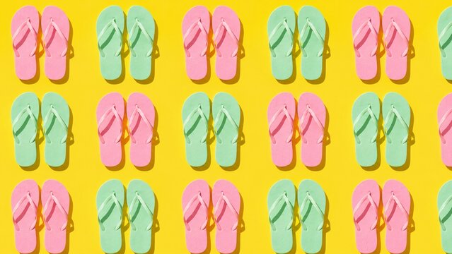 Seamless pop-art flat lay pattern of pastel colored flip flops arranged neatly on a vibrant yellow background