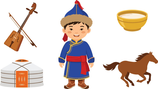 Mongolian Culture Vector Illustration Set Featuring Boy in Traditional Deel Costume, Yurt, Morin Khuur Fiddle, Running Horse, and Airag Milk Bowl Elements