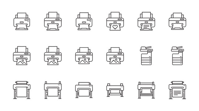 Collection of Linear Printer Icons Set Including Laser Inkjet and Plotter Machines for Office Technology and Document Printing