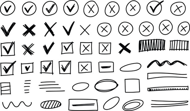 Assortment of Hand Drawn Checkmarks Crosses Squares Ovals and Lines Keywords: check mark, cross, x, square, box, tick, wrong, correct, symbol, sign, doodle, hand drawn