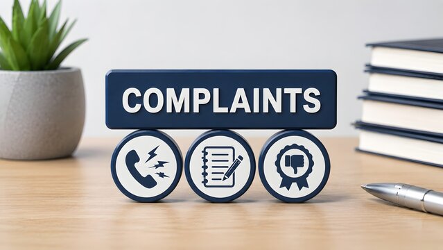 Customer complaints management and service dispute resolution concept featuring circular stamps on wooden rollers