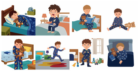 Cartoon set of a little boy in rocket pajamas with different bedtime routines and various emotions like sleeping, yawning, reading, and being grumpy.