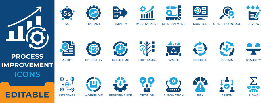 Process improvement and lean management vector icon set. Includes workflow, efficiency, automation, and optimization symbols for business strategy.
