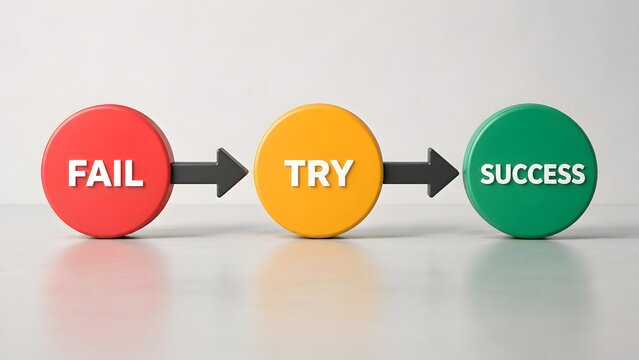 Agile methodology and business resilience concept showing a linear progression from fail to try and ultimate success