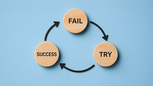 Continuous improvement cycle and agile iterative process concept showing a loop of fail try and success on wooden circles