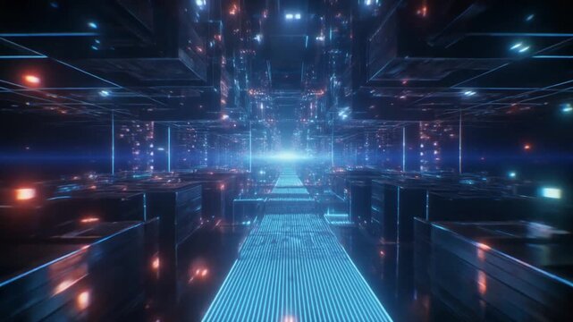 A futuristic server room corridor glows with bright blue lights and a central lens flare.
