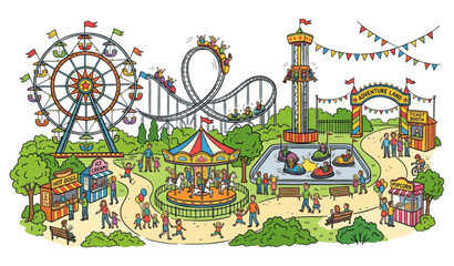 Obraz premium Colorful Amusement Park Landscape Hand Drawn Sketch Vector Illustration with Ferris Wheel and Roller Coaster