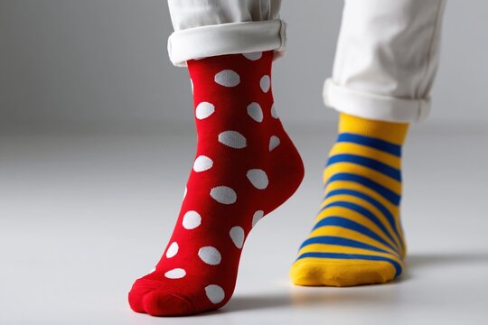 Different colored socks on a person's feet standing on a light surface