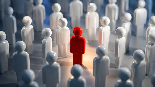 Talent acquisition and leadership concept highlighting a unique red figure standing out from a crowd of white generic people