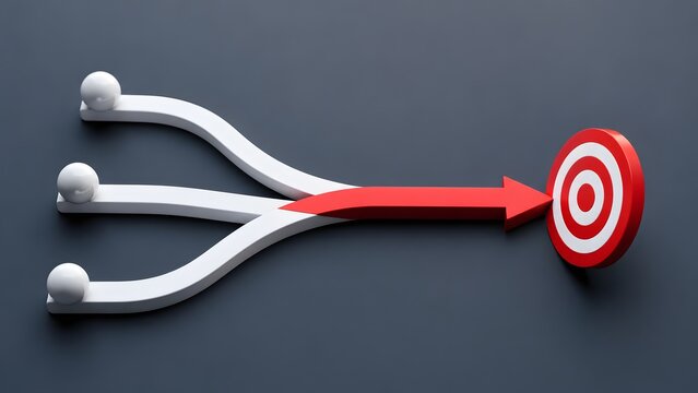 Strategic alignment and business synergy concept showing three paths converging into a single red arrow hitting a target bullseye