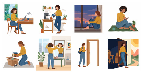 Fototapeta premium Set of flat vector illustrations depicting a young woman's daily routine, work, home life, and personal growth transitions.