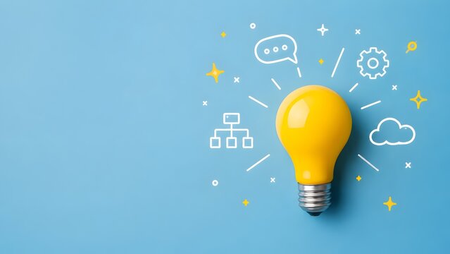 Digital business innovation and technology strategy concept featuring a glowing yellow lightbulb with network icons