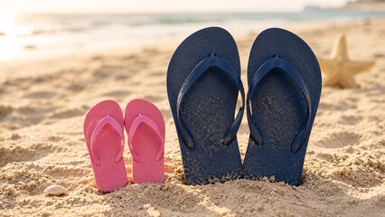 Fototapeta premium Adult blue and child pink rubber flip flops arranged neatly together on a bright sunny summer beach