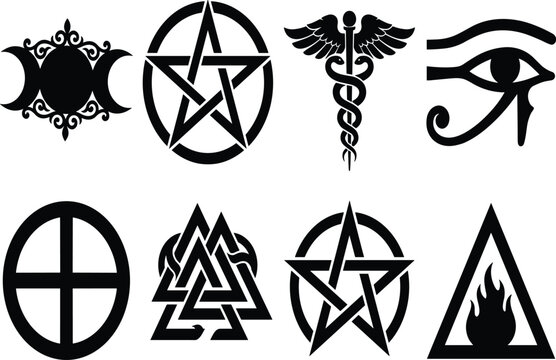 Mystical and ancient spiritual symbols icon set featuring pentagram caduceus eye of horus valknut and pagan emblems
