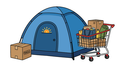 Camping tent with shopping cart and boxes vector illustration © Sagor