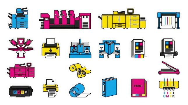 Printing technology icon set featuring industrial presses and digital office equipment for professional print media production and graphic design workflows on a clean white background for commercial