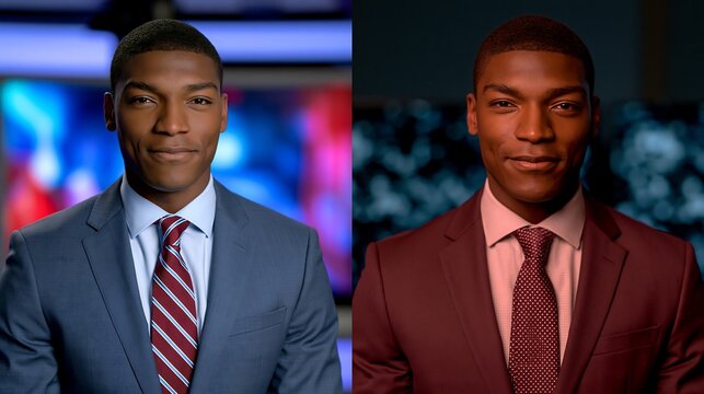 Newsreader delivers an authoritative report while standing in front of a digital screen filled with global media statistics.