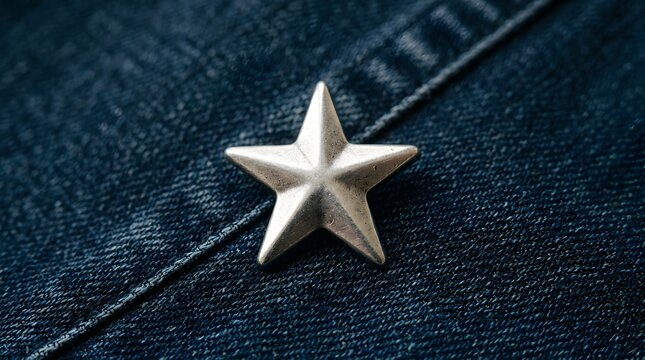 Silver star button on dark blue denim fabric