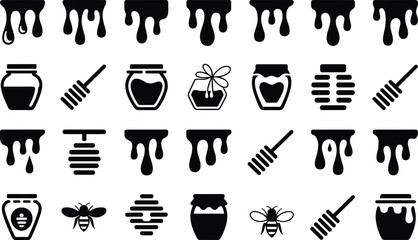 Collection of honey and bee related icons featuring dripping honey pots dippers and cute insects © Mofajjol