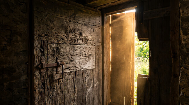 Old wooden door of an abandoned barn with sunlight streaming through the opening