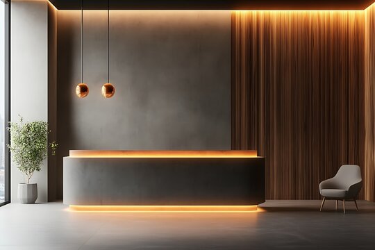 Modern Reception Desk Interior with Lighting