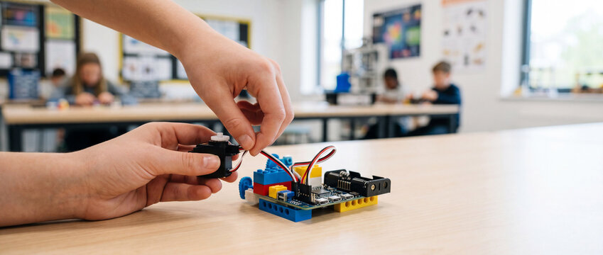 Student hands assembling robotics kit in classroom during stem learning activity for kids