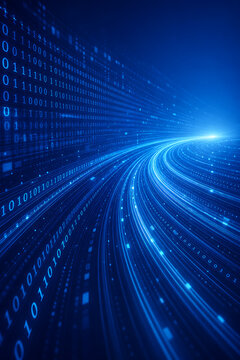 Digital data streams flow through a futuristic blue tunnel of glowing lines and binary code.